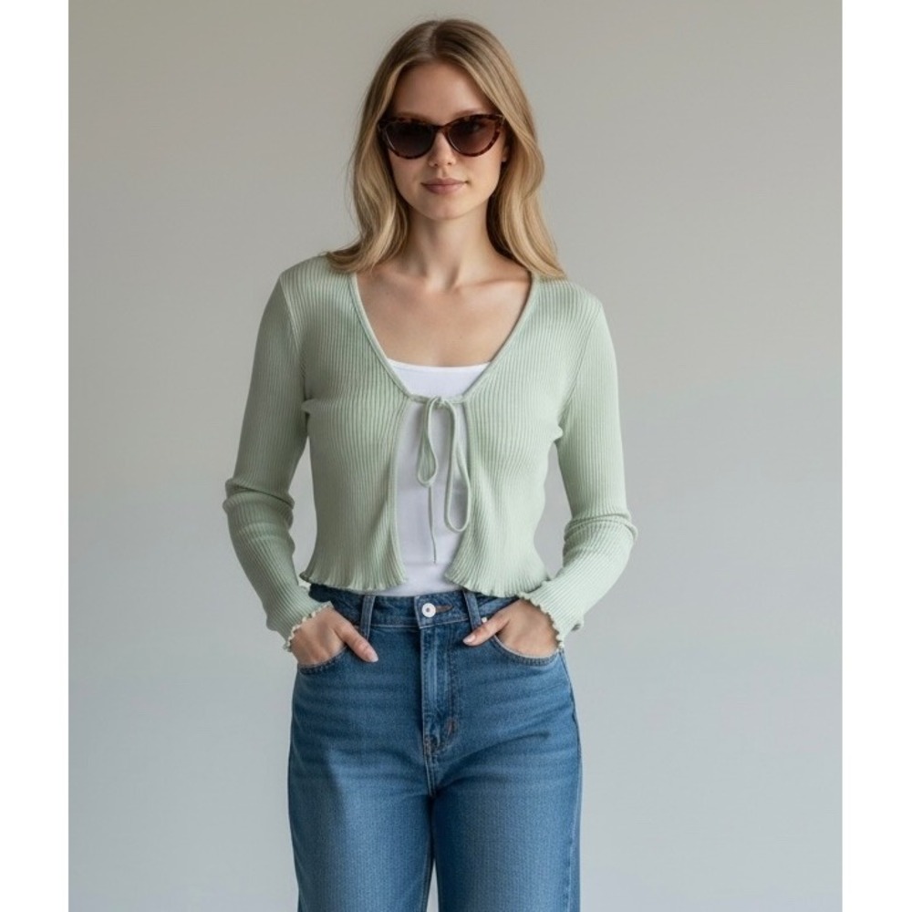 SHEIN Sage Green‎ Medium Ribbed Tie Front Cropped Cardigan Long Sleeve